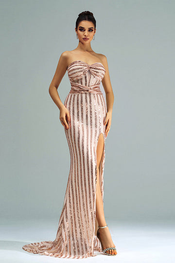 Vestido de fiesta de lentejuelas sin tirantes de sirena color albaricoque